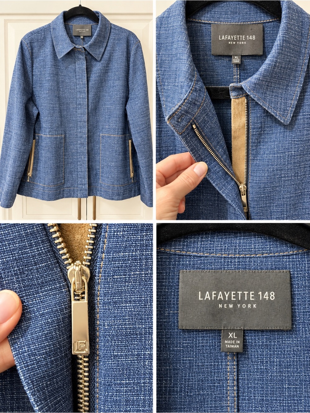 Lafayette 148 New York Blue Denim Barn style Zip-Front Cotton Blend Jacket XL